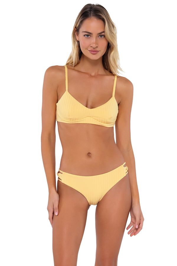 Front pose #1 of Jessica wearing Swim Systems Honey Bay Rib Annalee Underwire Top paired with Saylor Hipster bikini bottom