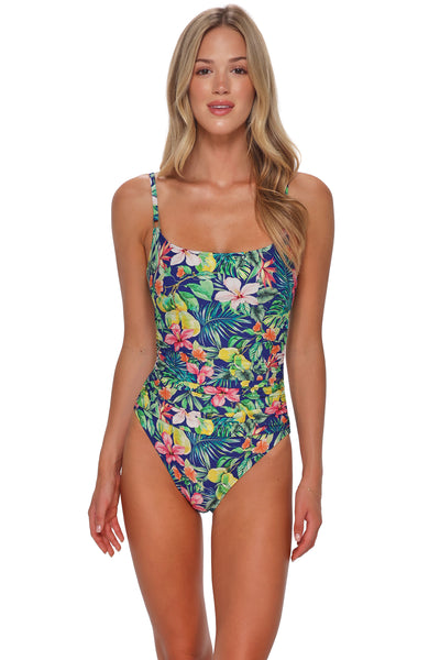 Active pose #1 of Olivia wearing Sunsets Seaside Harvest Pamela One Piece