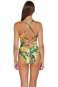 Back pose #1 of Daria wearing Sunsets Amber Oasis Veronica One Piece showing crossback straps