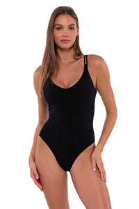 Front Front pose #1 of Daria wearing Sunsets Black Veronica One Piece