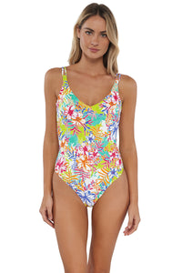 Front pose #1 of Jessica wearing Sunsets Botanical Bliss Sandbar Rib Veronica One Piece