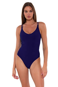Front Front pose #1 of Daria wearing Sunsets Indigo Veronica One Piece