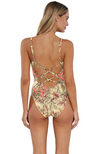 Back pose #1 of Jessica wearing Sunsets Island Spice Veronica One Piece