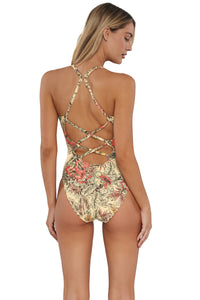 Back pose #1 of Jessica wearing Sunsets Island Spice Veronica One Piece showing crossback straps