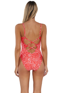 Back pose #1 of Jessica wearing Sunsets Majorca Veronica One Piece