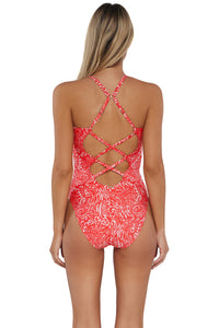 Back pose #1 of Jessica wearing Sunsets Majorca Veronica One Piece showing crossback straps