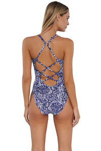 Back pose #1 of Jessica wearing Sunsets Marina Veronica One Piece showing crossback straps