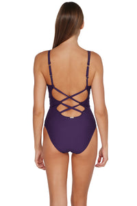 Back pose #1 of Daria wearing Sunsets Paradise Plum Veronica One Piece