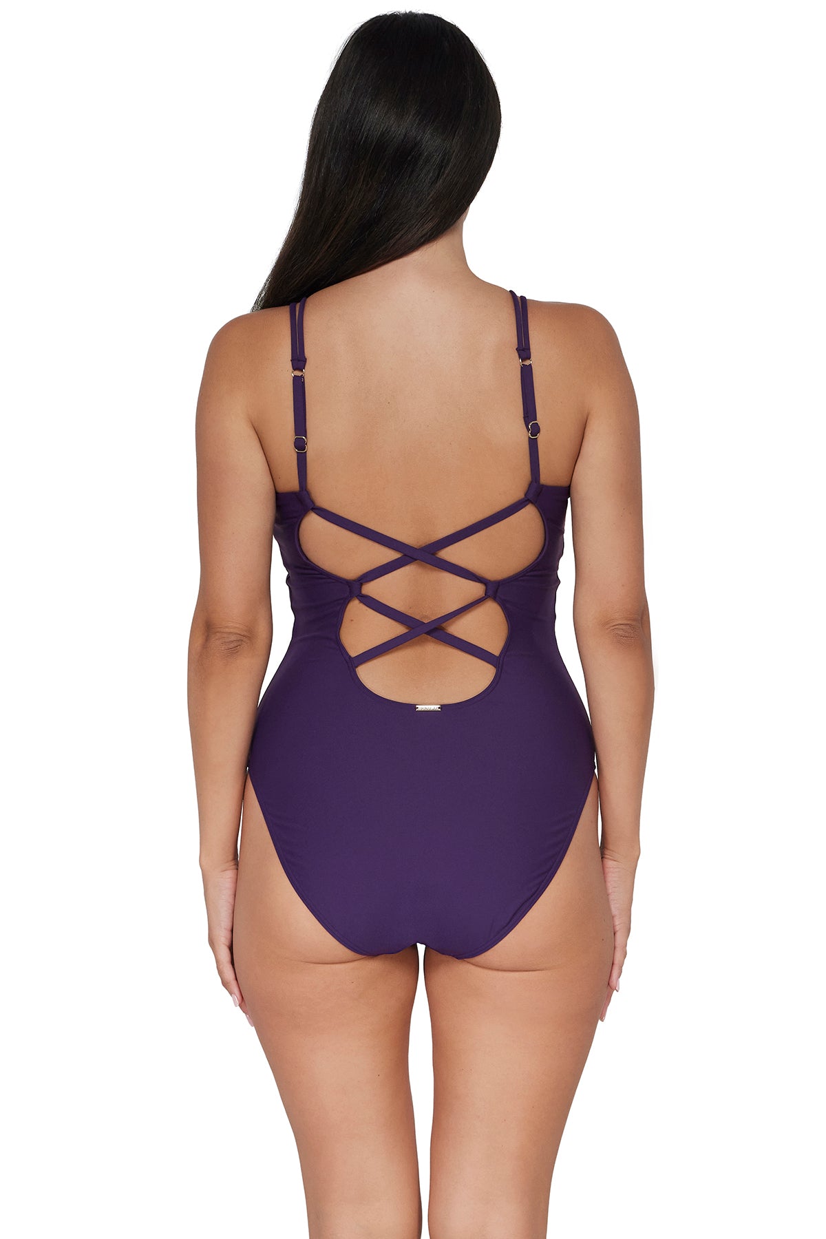 Back pose #1 of Nicki wearing Sunsets Paradise Plum Veronica One Piece