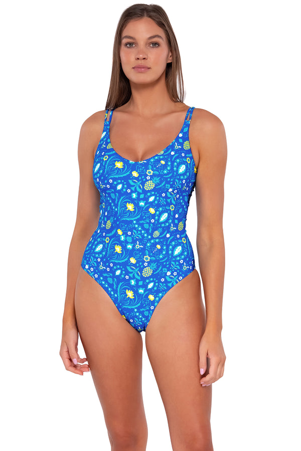 Front pose #1 of Daria wearing Sunsets Pineapple Grove Veronica One Piece