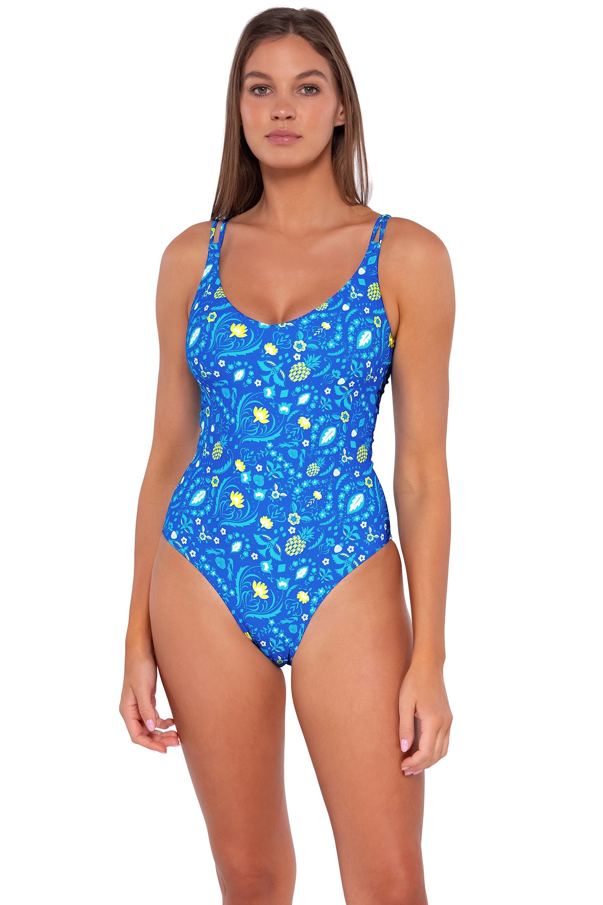 Front pose #1 of Daria wearing Sunsets Pineapple Grove Veronica One Piece