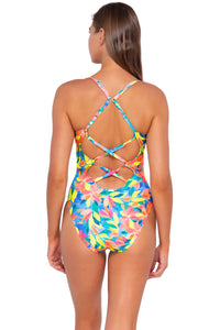 Back pose #1 of Daria wearing Sunsets Shoreline Petals Veronica One Piece showing crossback straps