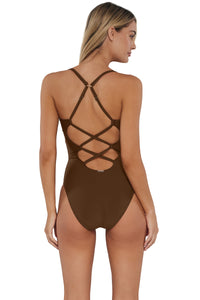 Back pose #1 of Jessica wearing Sunsets Tiki Brown Veronica One Piece showing crossback straps