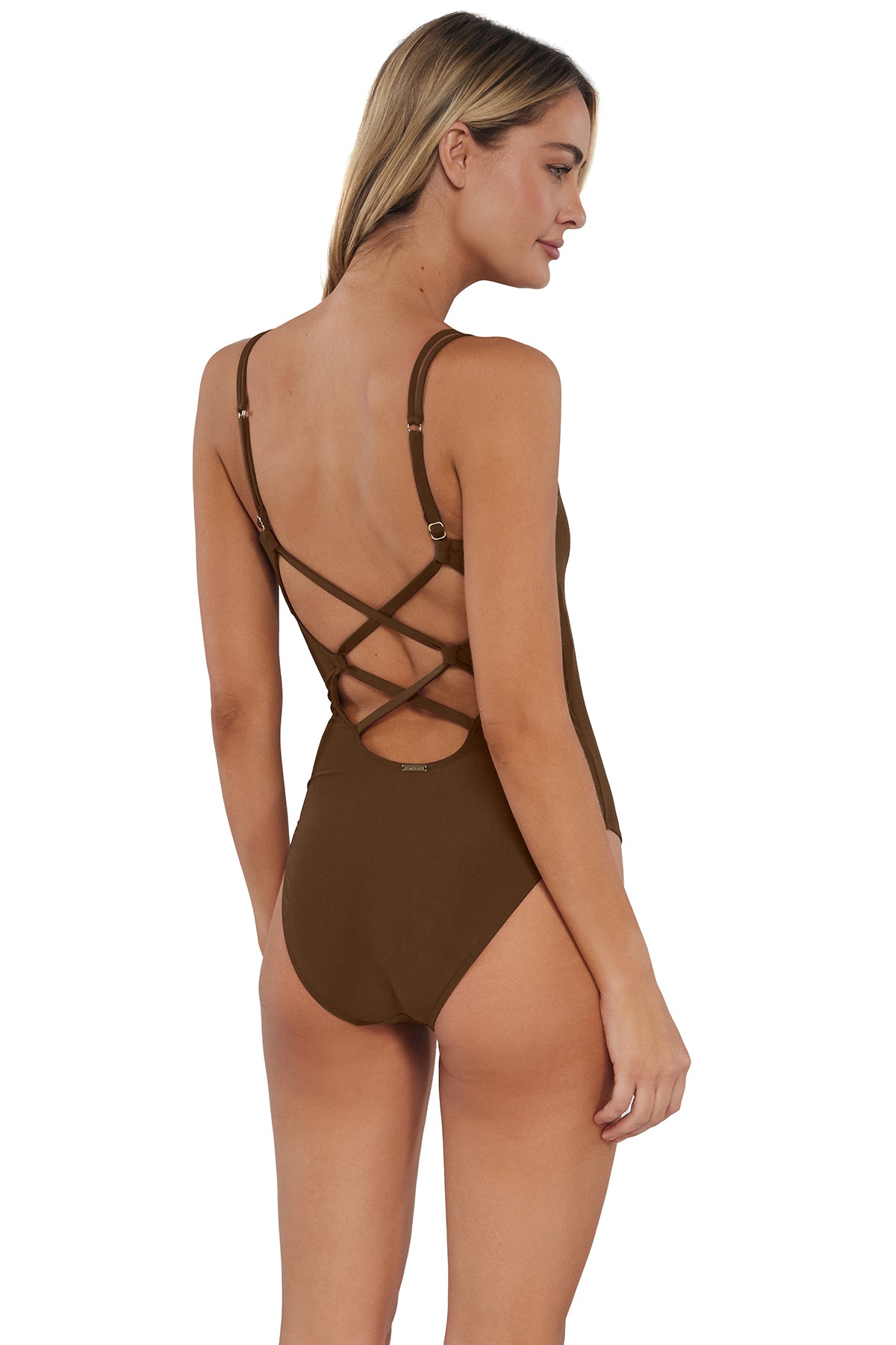 Oblique pose #1 of Jessica wearing Sunsets Tiki Brown Veronica One Piece