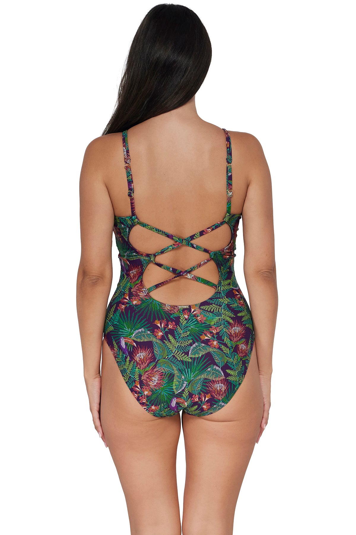 Back pose #1 of Nicki wearing Sunsets Welcome To Rio Veronica One Piece 