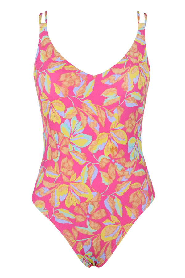 Front pose #1 of a floating garment shot featuring Sunsets Magic Hour Crepe Veronica One Piece