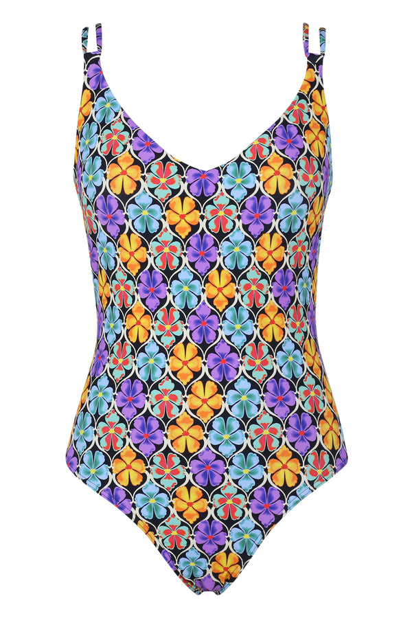 Front pose #1 of a floating garment shot featuring Sunsets Trellis Blooms Veronica One Piece