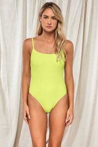 Front pose #1 of Jessica wearing Pacifica Bright Pear Ariel One Piece