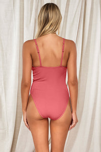 Back pose #1 of Jessica wearing Pacifica Hibiscus Tea Ariel One Piece