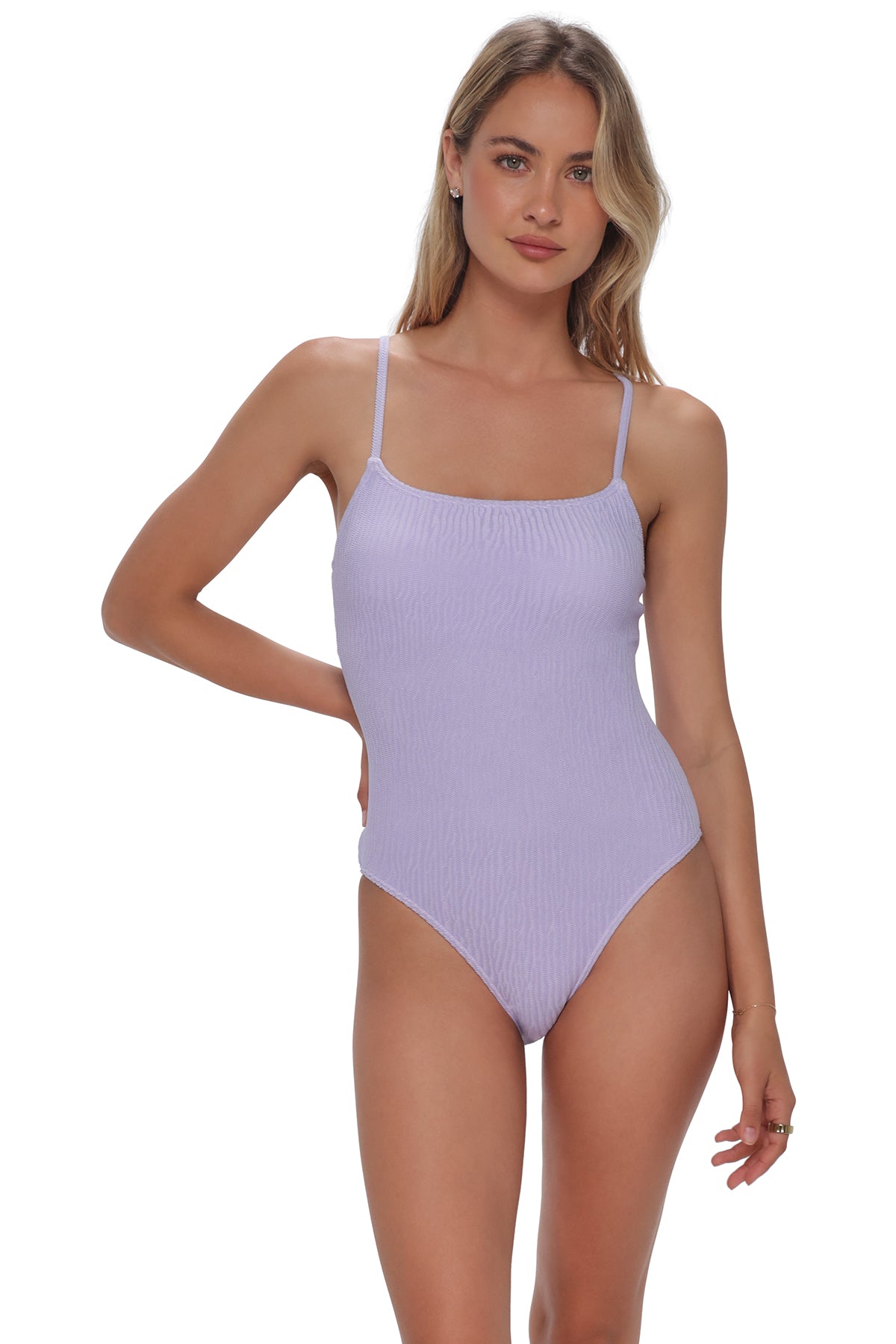 Active pose #1 of Jessica wearing Pacifica by Sunsets Lilac Scrunch Ariel One Piece