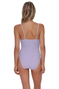 Back pose #1 of Jessica wearing Pacifica by Sunsets Lilac Scrunch Ariel One Piece