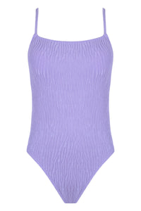 Front pose #1 of a floating garment shot featuring Pacifica by Sunsets Lilac Scrunch Ariel One Piece