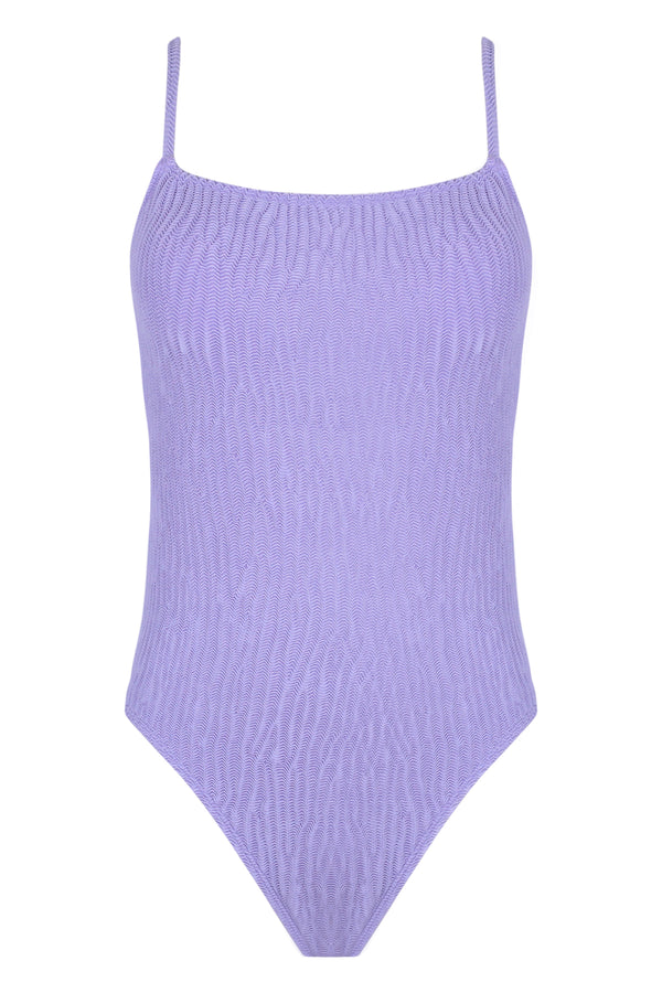 Front pose #1 of a floating garment shot featuring Pacifica by Sunsets Lilac Scrunch Ariel One Piece