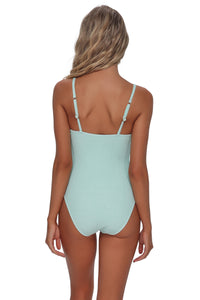 Back pose #1 of Emerson wearing Pacifica by Sunsets Mint Scrunch Ariel One Piece