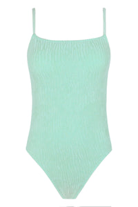 Front pose #1 of a floating garment shot featuring Pacifica by Sunsets Mint Scrunch Ariel One Piece
