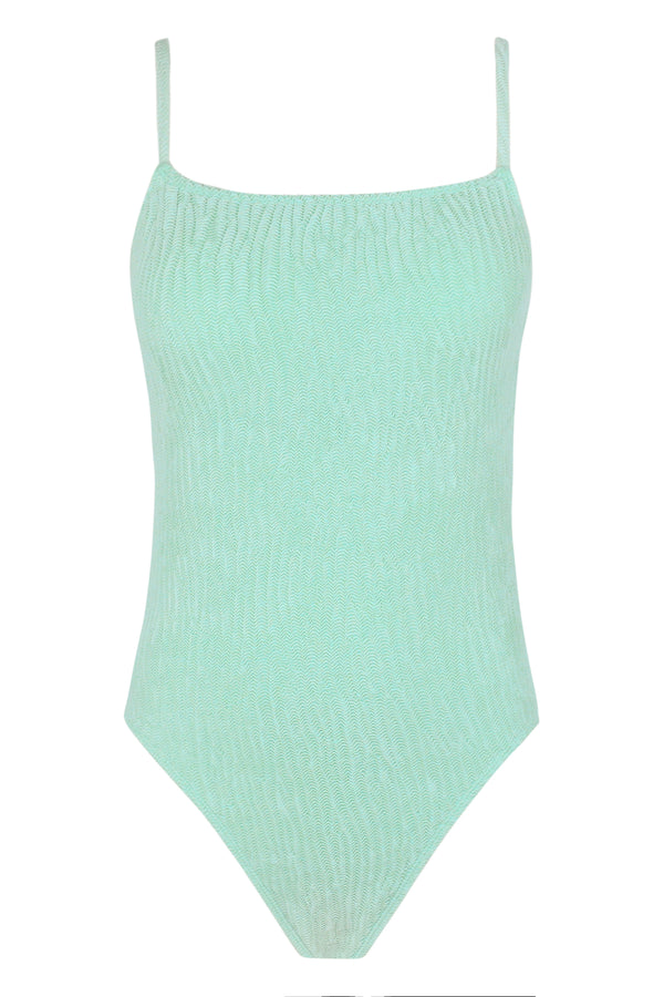 Front pose #1 of a floating garment shot featuring Pacifica by Sunsets Mint Scrunch Ariel One Piece