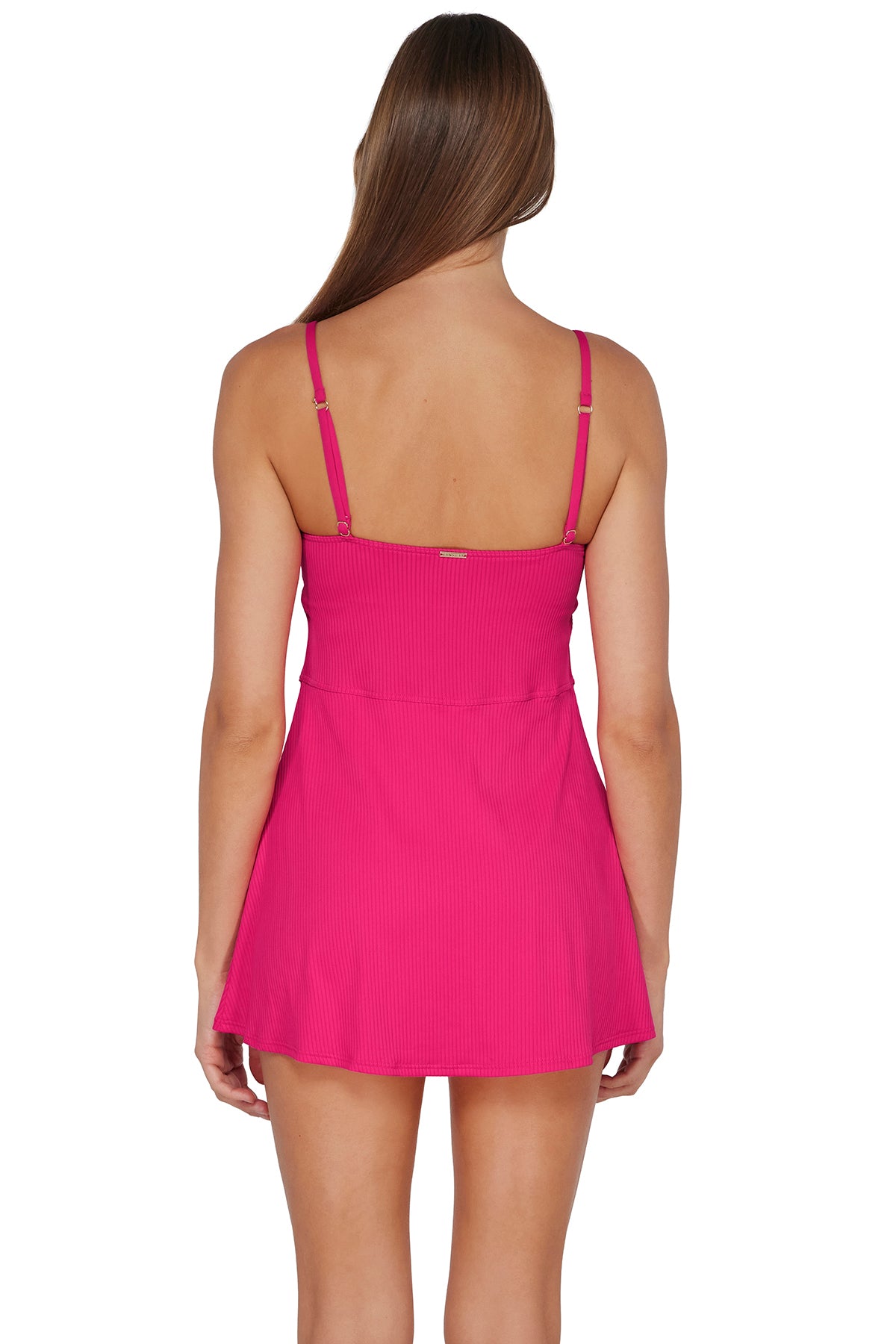 Back pose #1 of Daria wearing Sunsets Begonia Sandbar Rib Naomi Swim Dress One Piece