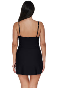 Back pose #1 of Nicki wearing Sunsets Black Naomi Swim Dress One Piece