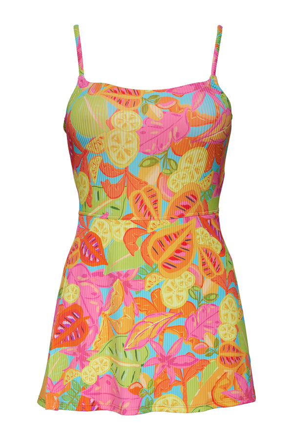 Front pose #1 of a floating garment shot featuring Sunsets Citrus Grove Sandbar Rib Naomi Swim Dress