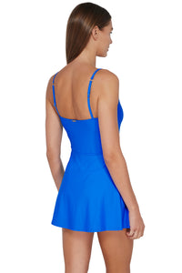 Oblique pose #1 of Daria wearing Sunsets Electric Blue Naomi Swim Dress One Piece