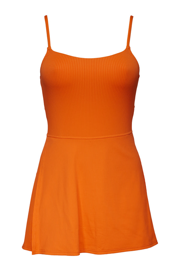 Front pose #1 of a floating garment shot featuring Sunsets Kumquat Sandbar Rib Naomi Swim Dress