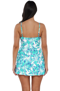 Back pose #1 of Nicki wearing Sunsets Sea Breeze Sandbar Rib Naomi Swim Dress One Piece