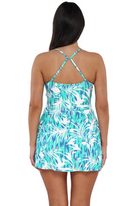 Back pose #1 of Nicki wearing Sunsets Sea Breeze Sandbar Rib Naomi Swim Dress One Piece showing crossback straps