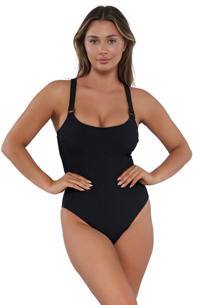 pose #1 of Taylor wearing Pacifica Black Lagoon One Piece