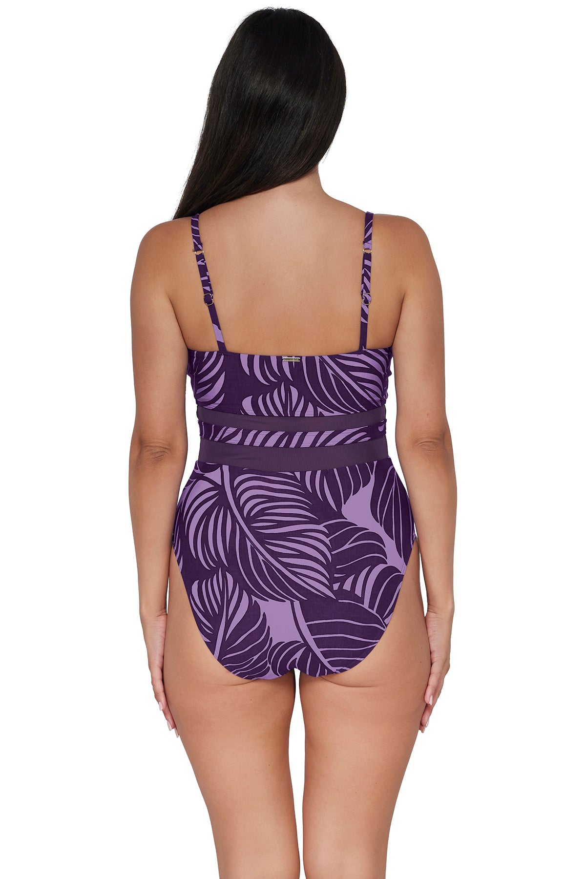 Back pose #1 of Nicki wearing Sunsets Mystic Palms Alexia One Piece