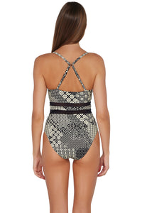 Back pose #1 of Daria wearing Sunsets Venice Seagrass Texture Alexia One Piece showing crossback straps