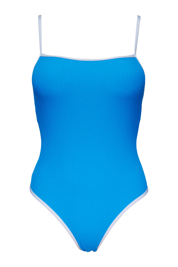 Front pose #1 of a floating garment shot featuring Pacifica Blueberry Ariel One Piece with Trim