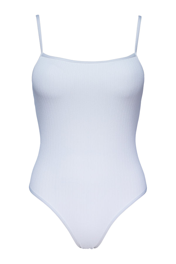 Front pose #1 of a floating garment shot featuring Pacifica Coconut Sorbet Ariel One Piece with Trim