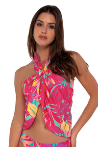 Front pose #1 of Gigi wearing Sunsets Oasis Philomena Pareo as a halter cover-up