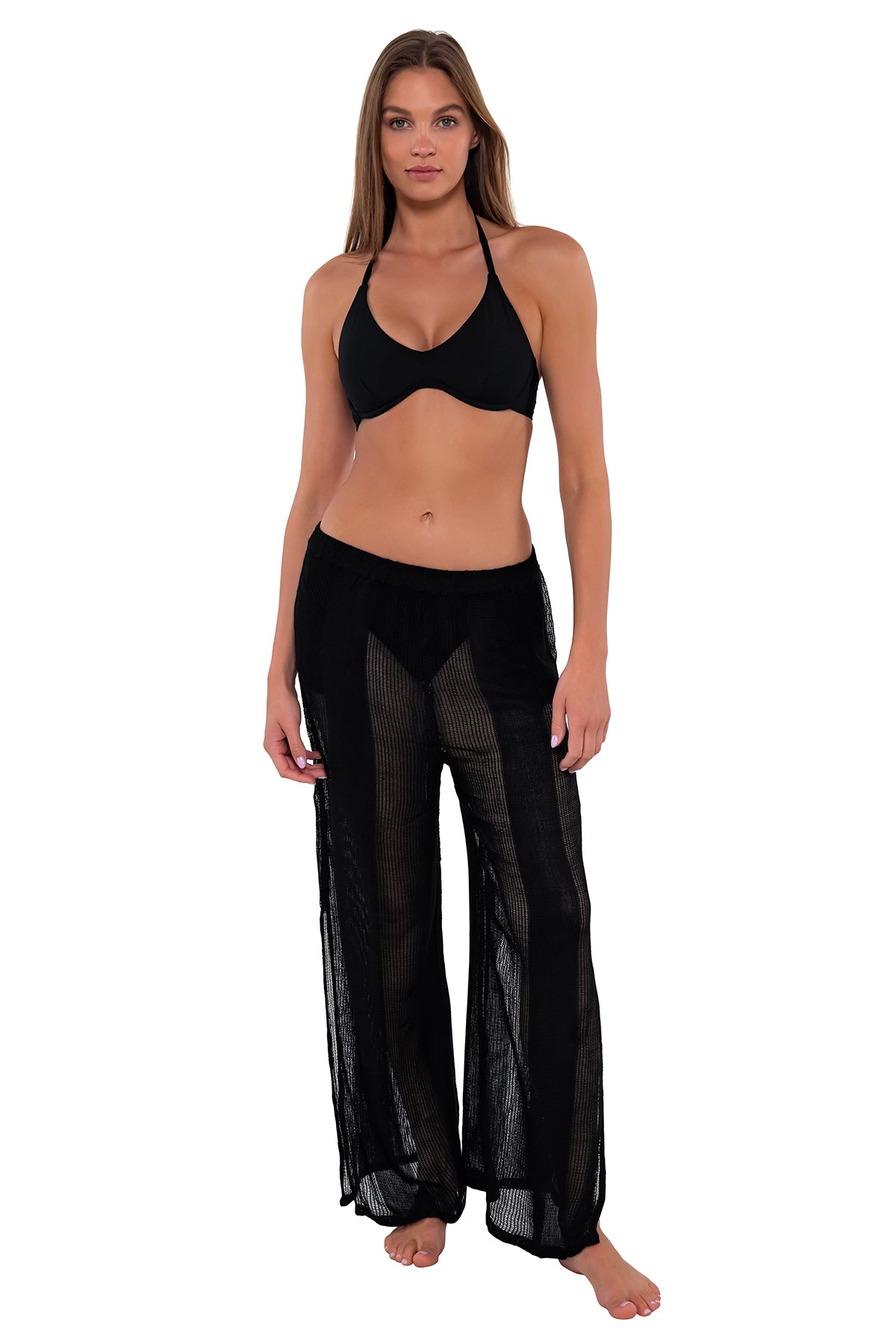 Front pose #1 of Daria wearing Sunsets Black Breezy Beach Pant with matching Brooke U-Wire bikini top