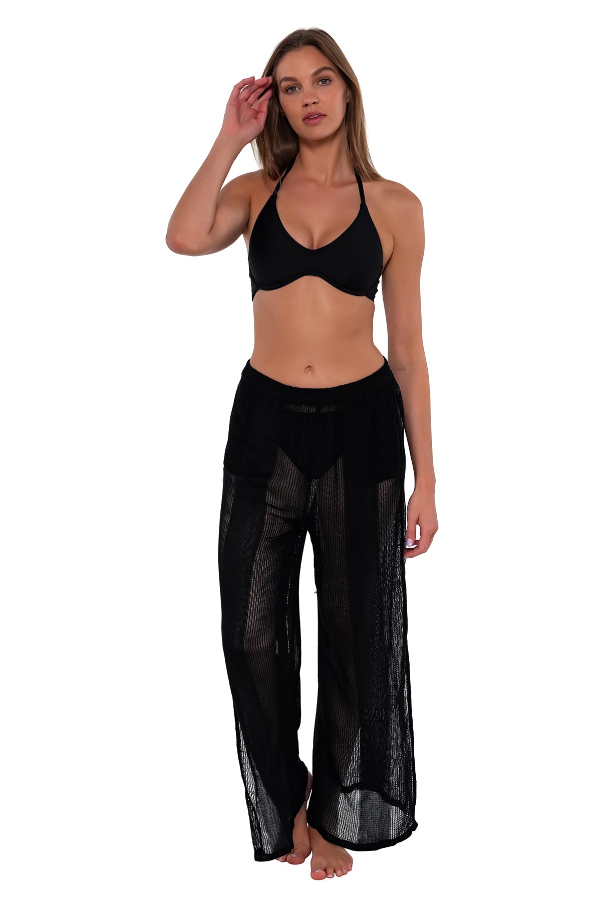 Front pose #3 of Daria wearing Sunsets Black Breezy Beach Pant with matching Brooke U-Wire bikini top