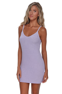 Active pose #1 of Emerson wearing Pacifica by Sunsets Lilac Scrunch Zenya Dress Cover-Up