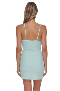 Back pose #1 of Jessica wearing Pacifica by Sunsets Mint Scrunch Zenya Dress Cover-Up
