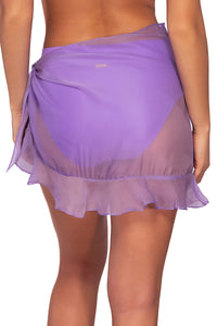 Back pose #2 of Daria wearing Sunsets Passion Flower Short and Sweet Skirt