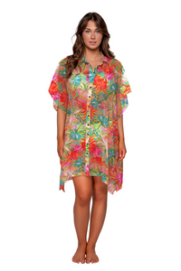 Front pose #1 of Taylor wearing Sunsets Lotus Shore Thing Tunic