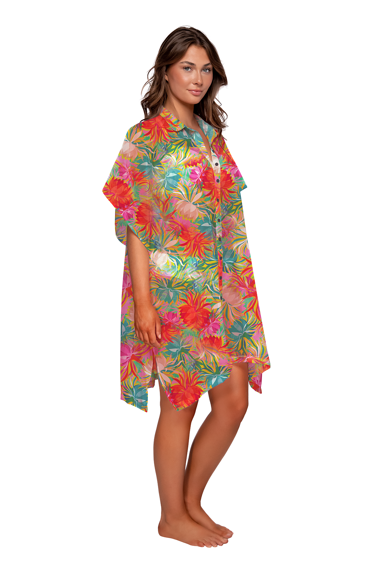 Side pose #1 of Taylor wearing Sunsets Lotus Shore Thing Tunic